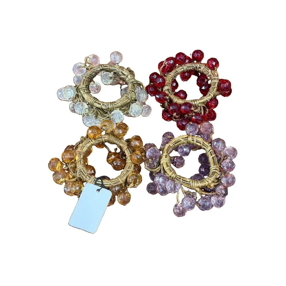 VTG Pier 1 Faceted Beaded Glass Napkin Rings Holders Multicolor Tableware Set 4